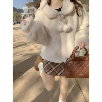 焦糖奶球毛毛外套女冬季年輕環保仿貂毛翻領加厚保暖寬松短款皮草
