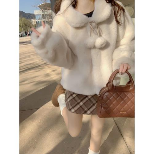 焦糖奶球毛毛外套女冬季年輕環保仿貂毛翻領加厚保暖寬松短款皮草