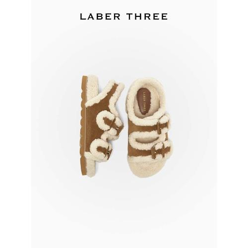 LABER THREE 秋冬B入爆款復古牛反絨撞色露趾毛毛鞋毛毛涼鞋拖鞋