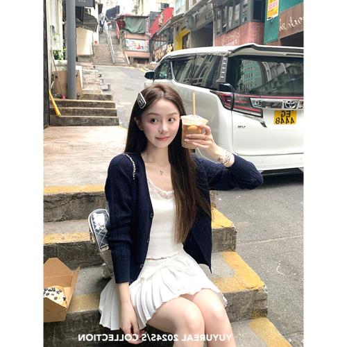 藏青色v領針織開衫女春秋季外搭小罩衫外套薄款顯瘦長袖短款上衣