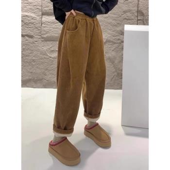 歐洲站褲子2025新款今年流行小個子燈芯絨加絨加厚咖色衛褲女秋冬