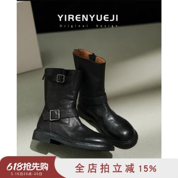 水洗馬皮西部牛仔機車靴粗跟皮帶扣中筒靴女後拉鏈黑色復古馬丁靴