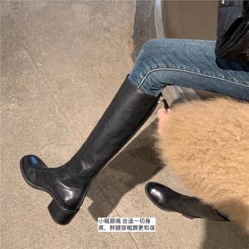 牛皮版~小筒圍真皮顯瘦厚底高筒靴女粗跟高跟騎士靴長筒瘦瘦長靴
