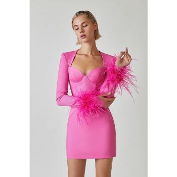 Bandage dress抹胸墊長袖鴕鳥毛短款包臀繃帶禮服宴會派對連衣裙
