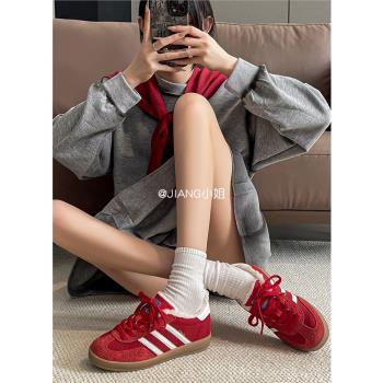 牛皮版~5cm小個子內增高紅色加絨德訓鞋女厚底復古休閑板鞋運動鞋