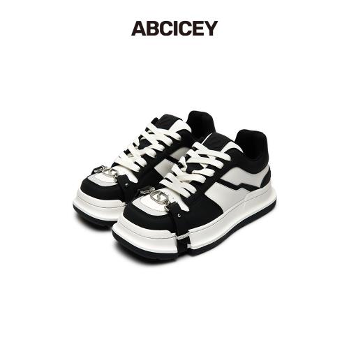 【鄧為同款】ABCICEY 黑白色時尚休閑板鞋女厚底增高綁帶方頭鞋