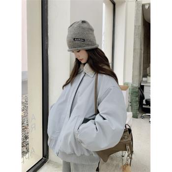 藍色羊羔毛領羽絨服派克服女冬季2025新款白鴨絨工裝外套加厚流行