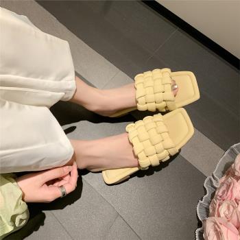 網紅時尚方頭平底真皮編織拖鞋