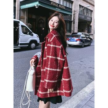新年紅色格子羽絨西服外套女秋冬2024新款小個子寬松加厚呢子大衣