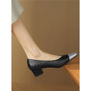 【頭層牛皮】【新品】方頭拼色小皮鞋淺口通勤一腳蹬單鞋子女春秋