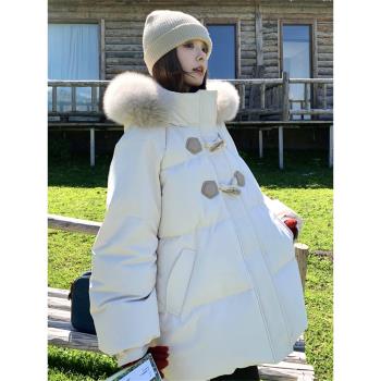 白色大毛領牛角扣羽絨棉服女冬季2025新款甜美風棉衣學院風棉襖