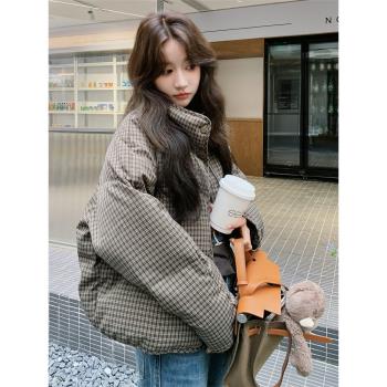 美式復古格子立領羽絨服女冬季2025新款短款流行小個子設計感獨特