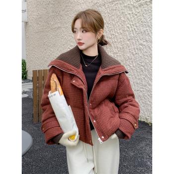 小香風安可拉紅格子羽絨服女冬季針織大翻領短款麵包服小個子流行