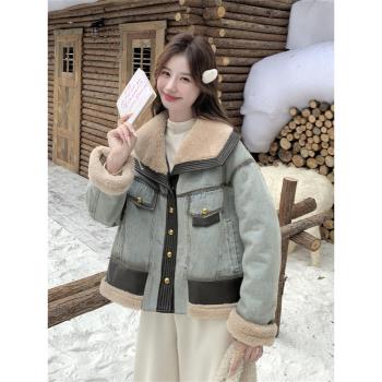 羊羔毛拼接牛仔羽絨服派克服女冬季2025新款高階感美式爆款加厚