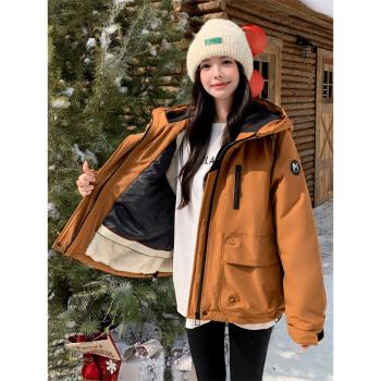連帽橘色工裝沖鋒衣式派克服羽絨服女冬季小個子流行超好看高階感