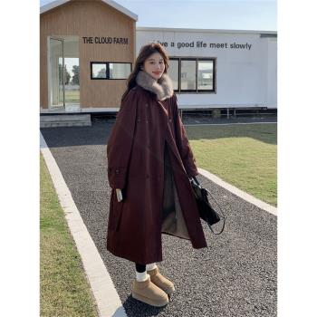 安可拉紅中長款派克服女冬季2025新款工裝棉服加絨加厚風衣式棉衣