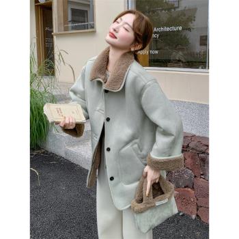 薄荷綠翻領皮毛一體羊羔毛外套女秋冬兩面穿羊羔絨棉服爆款棉衣