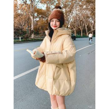 韓版繭型連帽羽絨服女冬2024新款學院風寬松加厚保暖白鴨絨麵包服