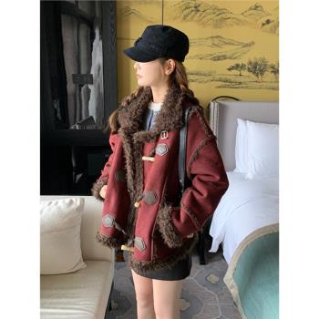 紅色超好看羊羔毛外套女小個子2024冬季新款加厚保暖皮毛一天棉服