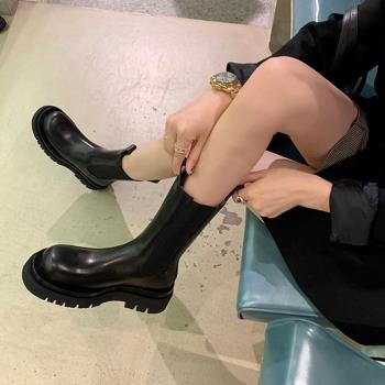 馬丁靴女厚底夏季復古真皮煙筒靴