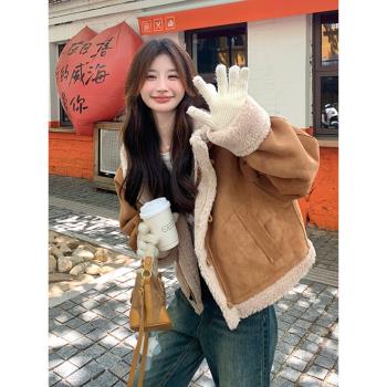牛角扣皮毛一體連帽羊羔毛外套女2024冬季新款加厚麂皮絨短款夾克