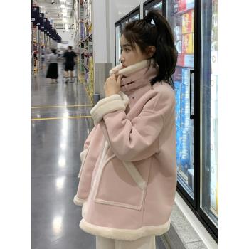 粉色皮毛一體羊羔毛外套女秋冬爆款流行甜美加絨機車服棉服棉衣