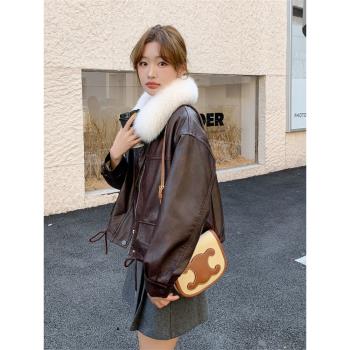 美拉德大毛領加絨pu皮棉服外套女冬季加厚皮衣派克服短款棉襖棉衣