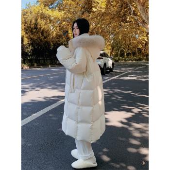 大毛領連帽米白色羽絨棉服女冬季2025新款設計感簡約設計感加厚