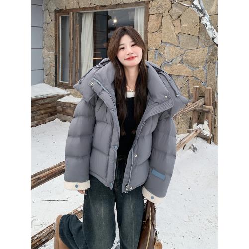 灰色羊羔毛拼接羽絨服女冬季2025新款短款肯豆風面包服加厚流行