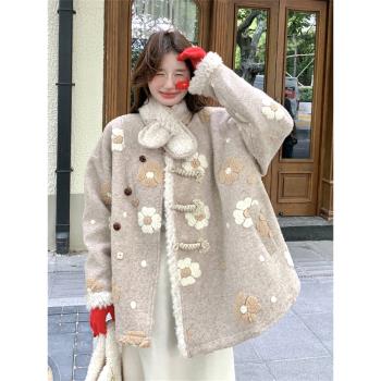 韓系羊羔毛拼接羽絨服呢大衣女秋冬2025新款小個子加厚毛呢外套