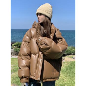 美拉德棕色蛋白皮羽絨服女冬2024新款爆款復古加厚皮衣白鴨絨外套