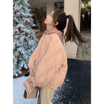 高階感超好看粉色羽絨服女冬針織連帽菱格輕薄款厚外套小個子爆款