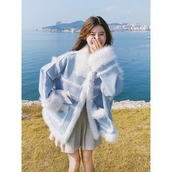 藍色羊羔毛外套女2024冬季新款小個子加絨加厚皮毛一體羊羔絨棉服