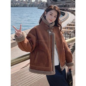 美拉德咖色羊羔毛外套女冬季2024新款時尚皮毛一體麂皮絨加厚棉服