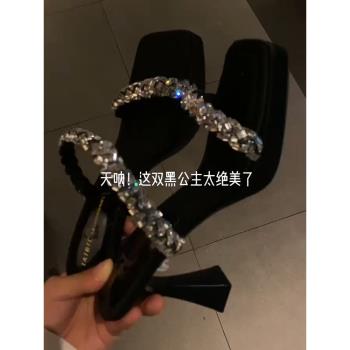 一字小羊皮絕美黑色水鉆粗跟拖鞋