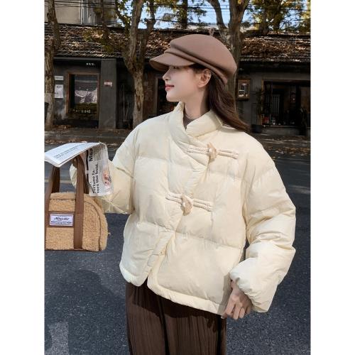 新中式盤扣短款羽絨服女冬2024新款輕國風小個子白鴨絨厚外套流行