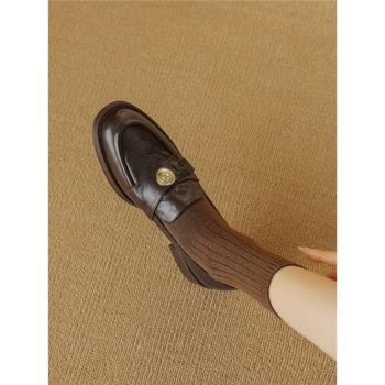 【羊皮】【新品】粗跟休閑樂福鞋一腳蹬小皮鞋時尚單鞋女春秋