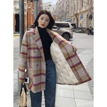 羽絨內膽格子毛呢外套女秋冬小個子西裝領呢大衣加厚美式復古爆款