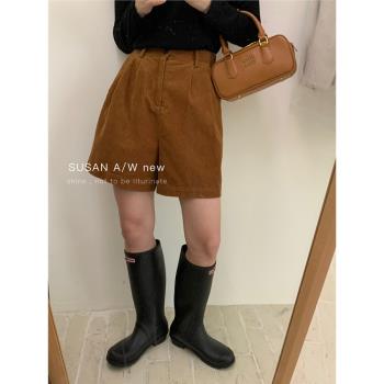 SUSAN韓版復古燈芯絨短褲女秋季新款顯瘦高腰A字休閑闊腿五分褲子