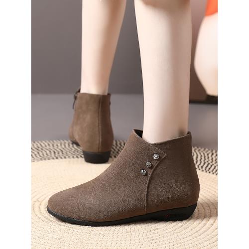 秋冬真皮平底圓頭磨砂牛皮絨面低跟媽媽靴子翻毛皮加絨保暖女短靴