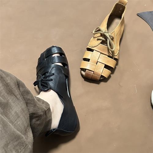 頭層牛皮羅馬涼鞋 鏤空鞋 文藝風洞洞鞋 夏季 真皮系帶復古涼鞋