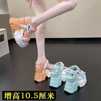 歐洲站內增高10cm涼鞋女2024夏新款厚底高跟小個子鬆糕輕便羅馬鞋