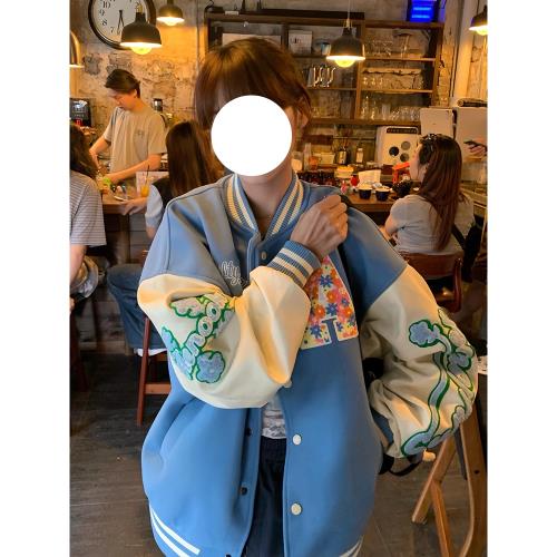 美式復古棒球服外套女春秋休閑夾克寬松拼接撞色學院風薄款上衣潮