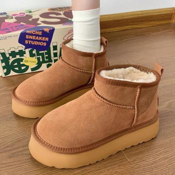 奧古獅登雪地靴女款2024新款冬季加絨加厚牛皮厚底麵包勃肯鞋棉鞋