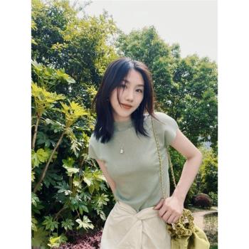 綠色正肩修身夏季冰絲短袖上衣