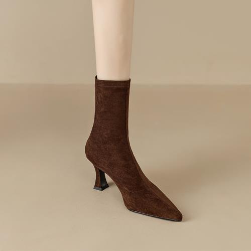 嬌文希尖頭及裸靴細跟短靴女2025新款秋冬女靴彈力瘦瘦靴高跟襪靴