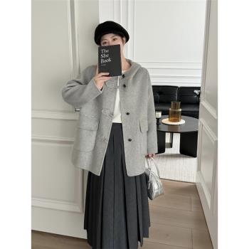 雙面羊絨大衣女 短款 秋冬2024新款淺灰色連帽減齡雙面呢羊毛外套