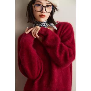 秋冬v領山羊絨毛衣女拉絨慵懶毛茸茸加厚打底拉毛針織衫上衣外穿