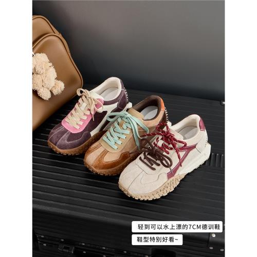 真皮~7CM內增高德訓鞋女鞋厚底春秋款小個子復古休閑運動鞋老爹鞋