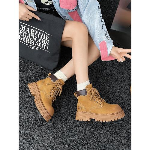 經典爆款粗跟馬丁靴女2024秋冬新款英倫風復古系帶短靴戶外登山靴